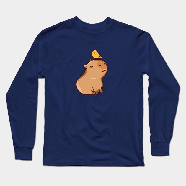 Capybara with a bird Long Sleeve T-Shirt by manydoodles